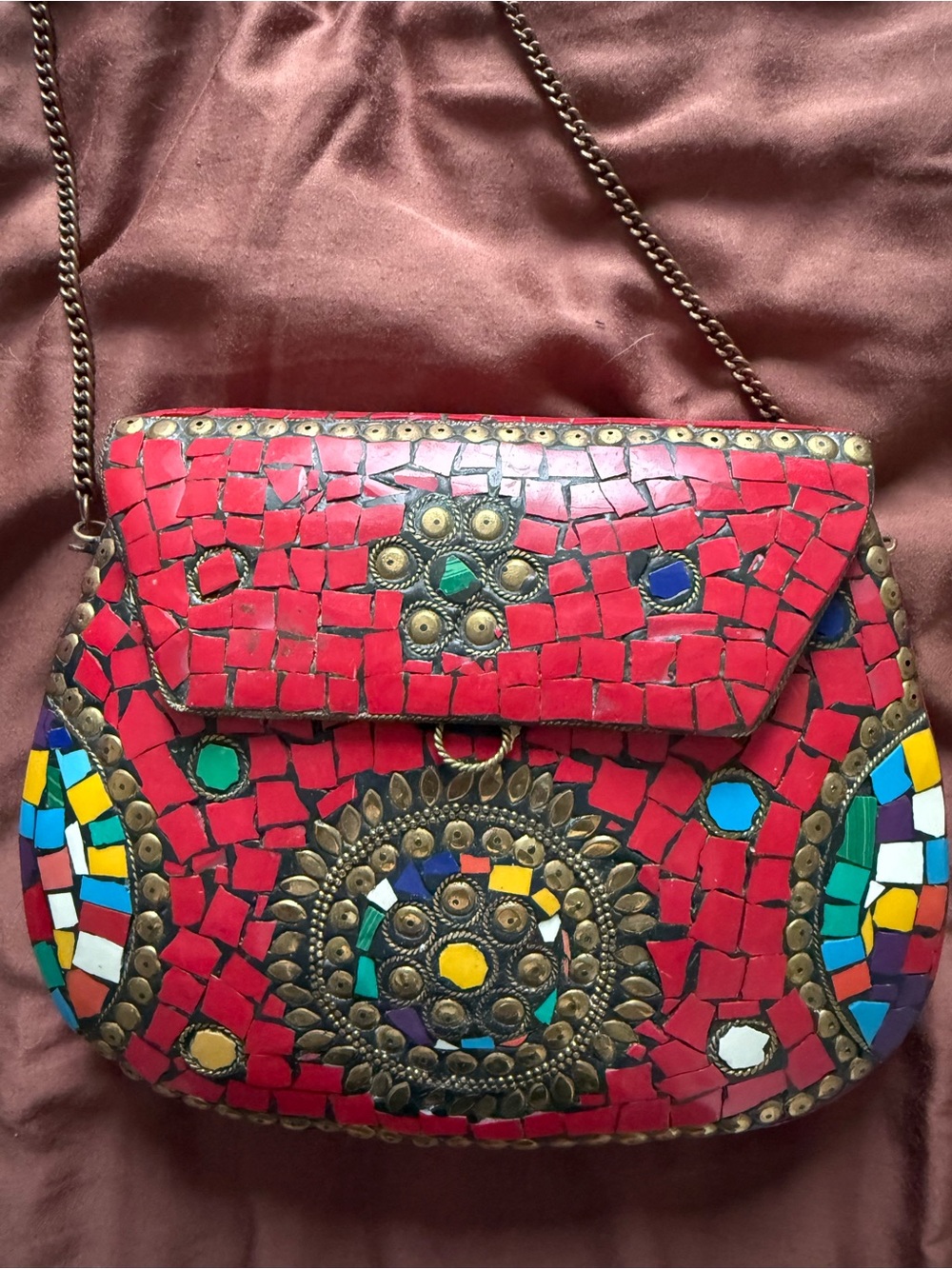 Vintage Red Mosaic Inlay Crossbody Bag